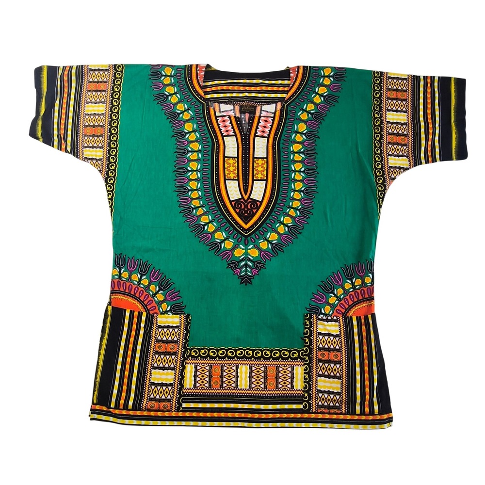 Raanpahmuang Green Dashiki Shirt Unisex XXL African Print Tunic V-Neck Pockets